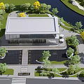 Modern Sales Office Building Architectural Design With Glass Walls Walkway Water Pool And Greenery 3d model