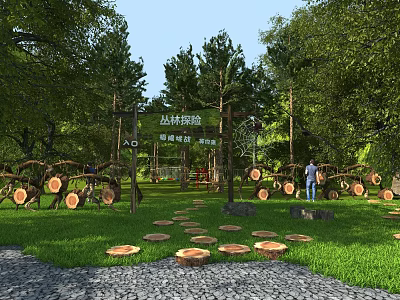 Jungle Adventure Playground With Climbing Net Tree Stumps Green Grass In Wooded Area 3d model