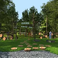 Jungle Adventure Playground With Climbing Net Tree Stumps Green Grass In Wooded Area