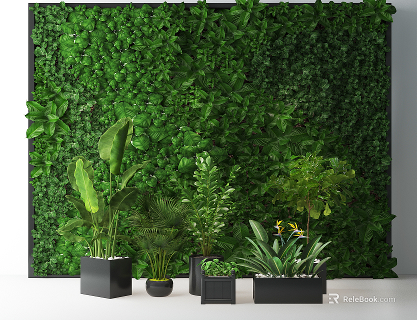 Indoor Living Plant Wall With Lush Greenery And Decorative Potted Plants 3d model 