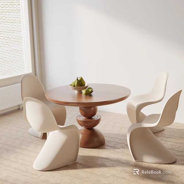 Modern Dining Table Set with Round Wooden Top Layered Pedestal Base and White Modern Chairs 3d model 