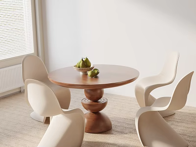 Modern Dining Table Set with Round Wooden Top Layered Pedestal Base and White Modern Chairs 3d model