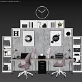 Modern Office Desk Interior With Bookshelves Wall Clock Art Prints And Potted Plants