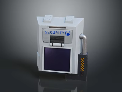 White Security Control Panel With Blue Screen Gray Pipe And Yellow Warning Stripes 3d model