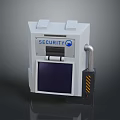 White Security Control Panel With Blue Screen Gray Pipe And Yellow Warning Stripes