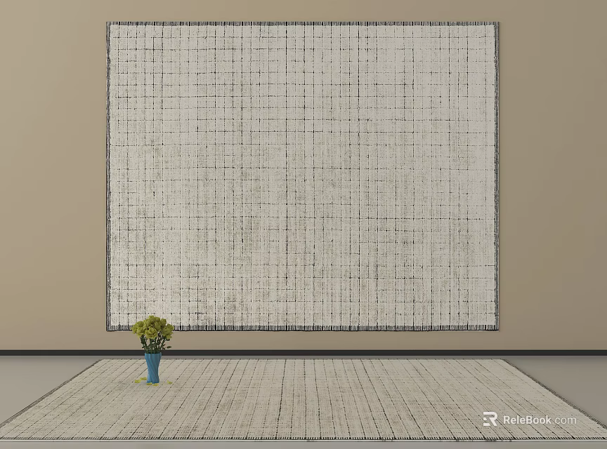 Light Textured Square Rug With Grid Pattern And Small Plant On Floor 3d model 