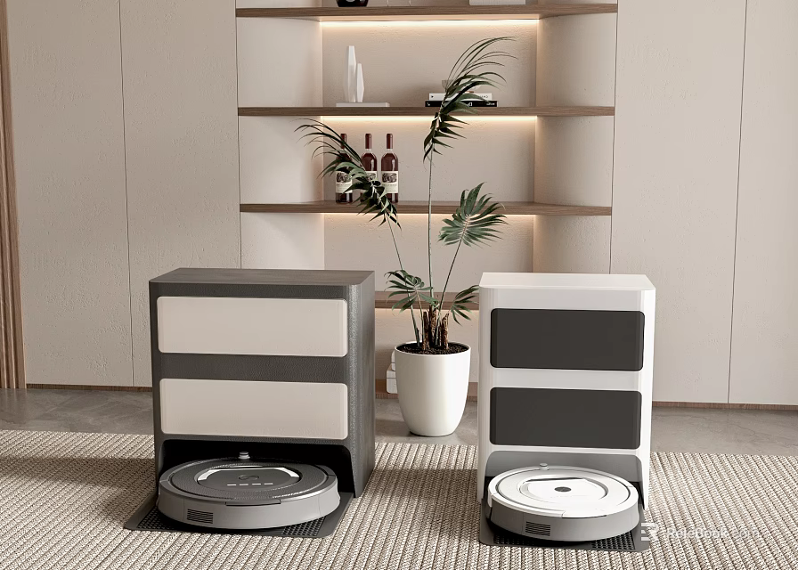 Modern Robot Vacuums in Gray and White with Potted Plant and Shelves in Interior 3d model 