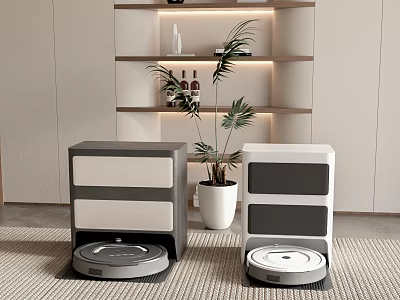 Modern Robot Vacuums in Gray and White with Potted Plant and Shelves in Interior 3d model