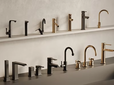 Stylish Modern Faucets In Black Gold Colors And Various Designs Displayed On Shelves 3d model