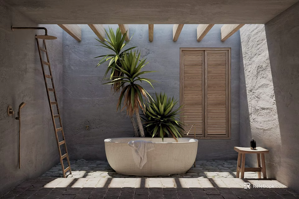 Elegant Designer Bathroom With Bathtub Plants Wooden Beams Gray Walls And Shutter Windows 3d model 