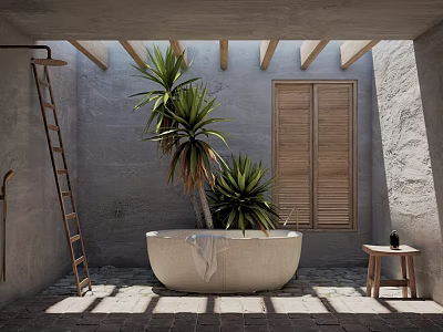 Elegant Designer Bathroom With Bathtub Plants Wooden Beams Gray Walls And Shutter Windows 3d model