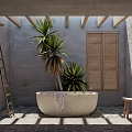 Elegant Designer Bathroom With Bathtub Plants Wooden Beams Gray Walls And Shutter Windows