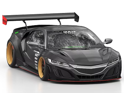 Black Racing Car With Large Rear Spoiler And Gold Wheels Design 3d model