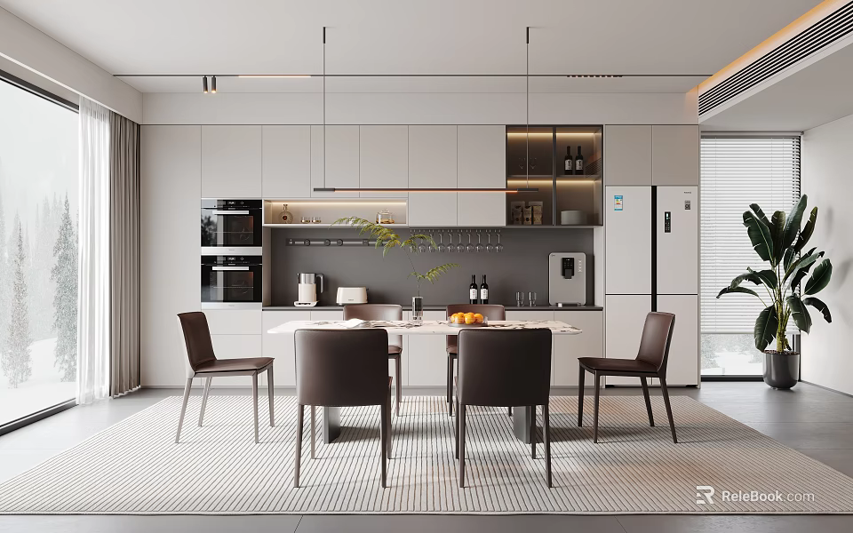 Modern Open Concept Restaurant Kitchen Interior With Island Counter And Appliances 3d model 