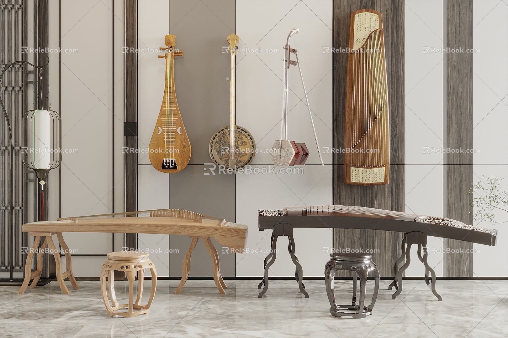 Guzheng Pipa Erhu Musical Instrument Combination 3d model