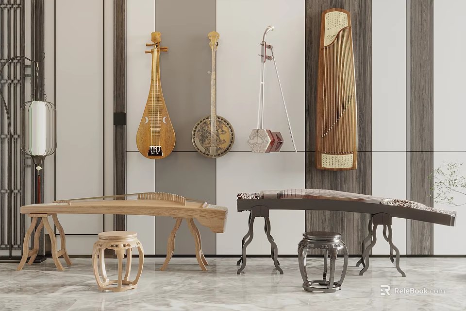 Traditional Chinese Musical Instruments Pipa Ruan Guzheng Displayed on Wall with Wooden Tables and Stools 3d model 