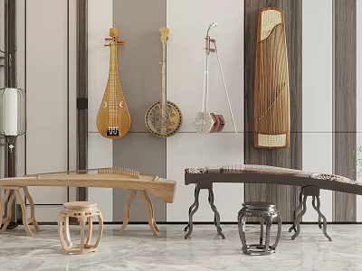 Traditional Chinese Musical Instruments Pipa Ruan Guzheng Displayed on Wall with Wooden Tables and Stools 3d model