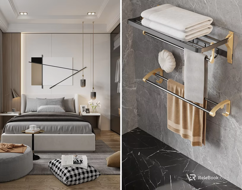 Modern Bedroom Interior With Gray Bed Nightstand Table Lamp And Wall Art 3d model 