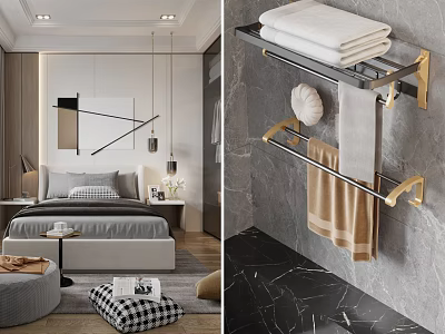 Modern Bedroom Interior With Gray Bed Nightstand Table Lamp And Wall Art 3d model