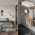 Modern Bedroom Interior With Gray Bed Nightstand Table Lamp And Wall Art