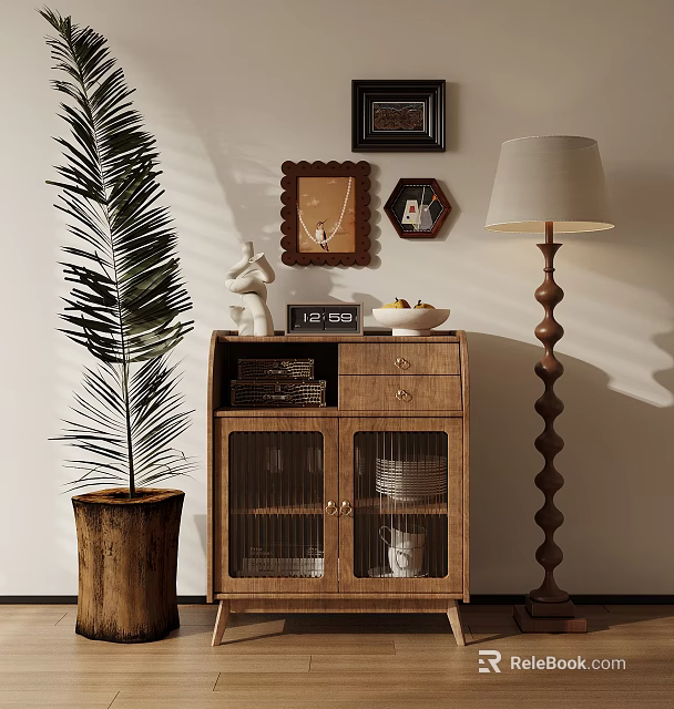 Stylish Wooden Entryway Cabinet Sideboard With Glass Doors Palm Plant Table Lamp And Picture Frames 3d model 
