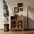 Stylish Wooden Entryway Cabinet Sideboard With Glass Doors Palm Plant Table Lamp And Picture Frames