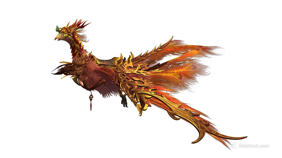 Mythical Phoenix Character Featuring Golden Red Ornate Feathers With Intricate Details In Flight 3d model 