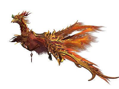 Mythical Phoenix Character Featuring Golden Red Ornate Feathers With Intricate Details In Flight 3d model