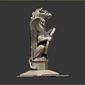 Stone Statue of Winged Mythical Beast Holding Shield on Pedestal Base