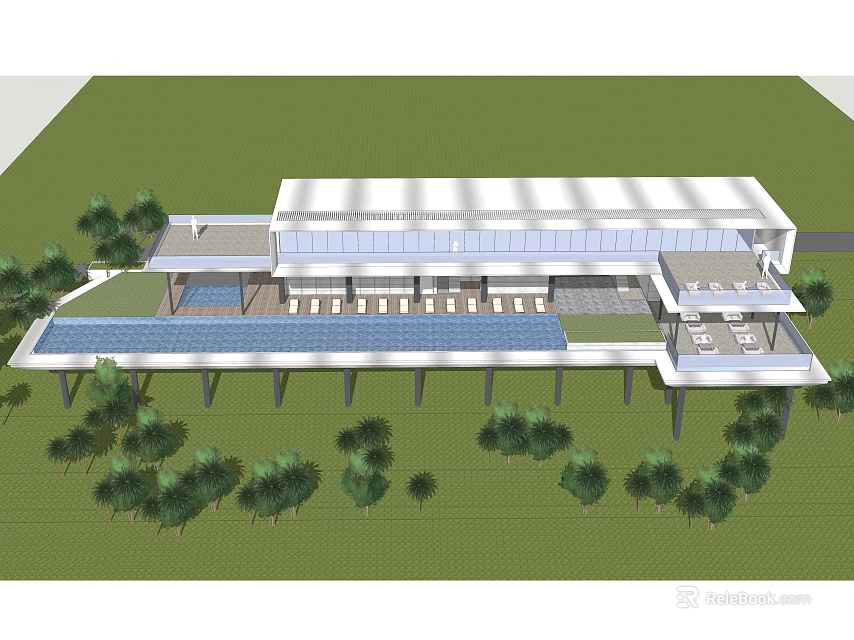 Modern Contemporary Villa Exterior With Long Swimming Pool And Surrounding Greenery 3d model 