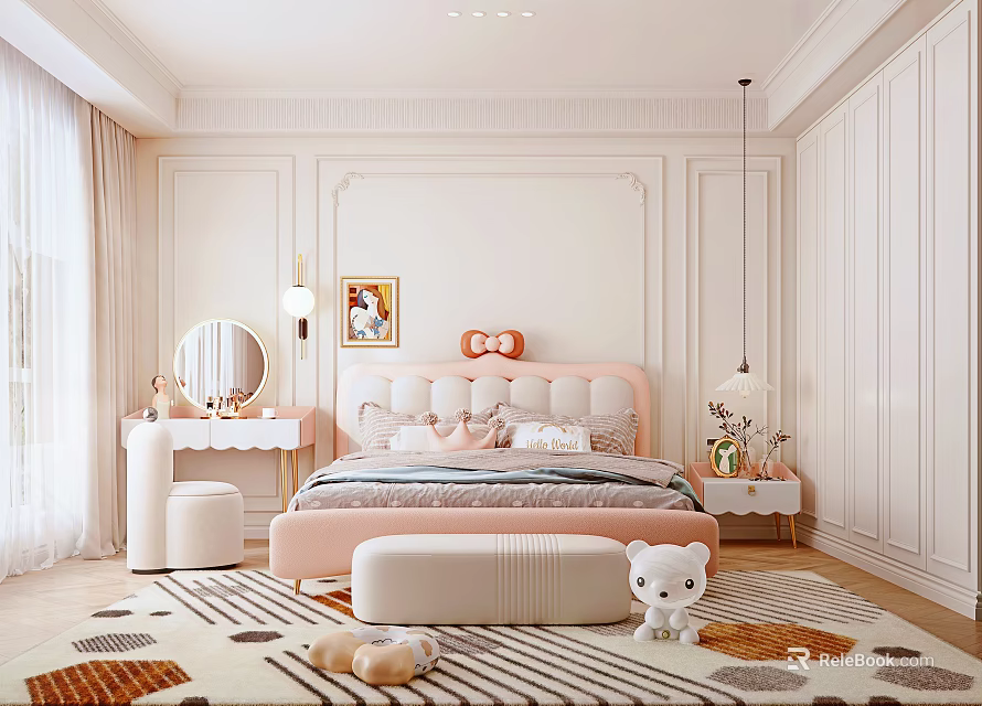 Soft Pink Kids Bedroom With Bow Bed Dresser Rug And Stuffed Toys Decor 3d model 