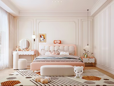 Soft Pink Kids Bedroom With Bow Bed Dresser Rug And Stuffed Toys Decor 3d model