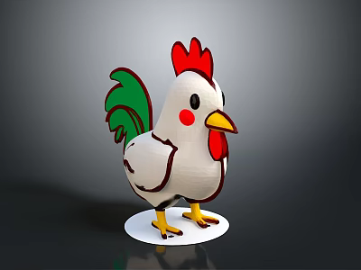 Cartoon Rooster With White Body Red Comb Green Tail Yellow Beak Feet On White Base 3d model