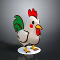 Cartoon Rooster With White Body Red Comb Green Tail Yellow Beak Feet On White Base