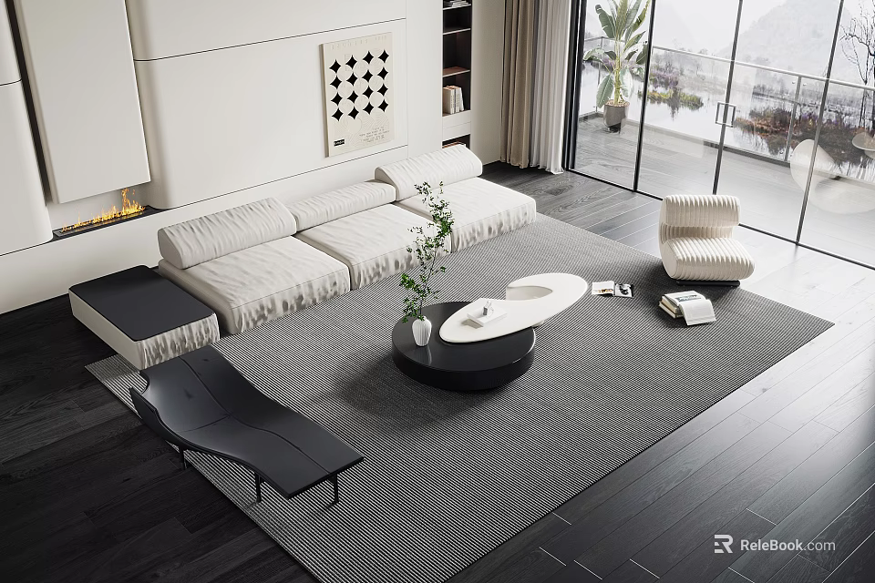 Modern Living Room Sofa And Coffee Table Set With Rug Armchair And Potted Plant 3d model 