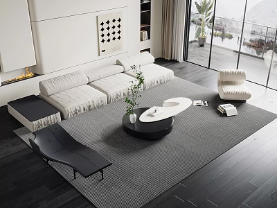 Modern Living Room Sofa And Coffee Table Set With Rug Armchair And Potted Plant 3d model