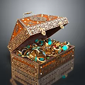 Open Ornate Decorative Jewelry Box With Intricate Carvings And Gold Turquoise Rings