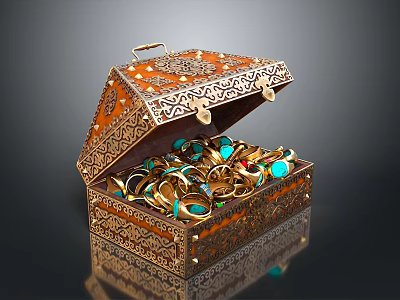Open Ornate Decorative Jewelry Box With Intricate Carvings And Gold Turquoise Rings 3d model