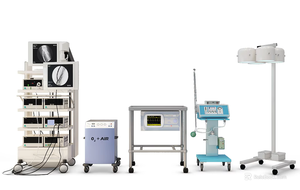 Advanced Medical Equipment Collection Featuring Patient Monitors Surgical Lamps and Mobile Carts 3d model 