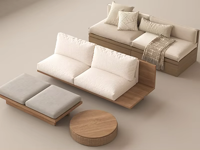 Modern Sofa Set With Wooden Frame White Cushions Gray Ottoman And Round Coffee Table 3d model