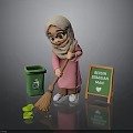 Cartoon Cleaning Scene With Headscarf Figure Broom Green Trash Bin Leaves And Fresh Sebagian Signboard