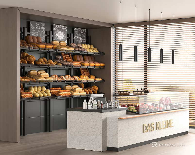 Cozy Dessert Shop Interior With Bread Pastry Shelves Counter Hanging Lights And Wooden Blinds 3d model 