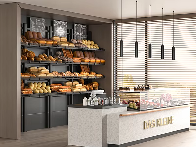 Cozy Dessert Shop Interior With Bread Pastry Shelves Counter Hanging Lights And Wooden Blinds 3d model