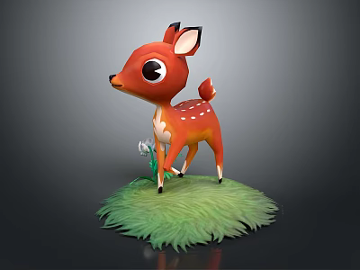 Cute Brown Fawn 3D Model Standing On Green Grass With Small Flower 3d model