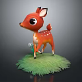 Cute Brown Fawn 3D Model Standing On Green Grass With Small Flower