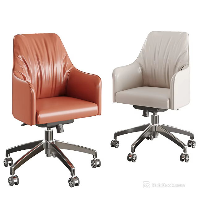 Orange And Beige Leather Office Chairs With Armrests Metal Base And Wheels 3d model 