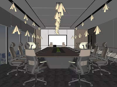 Modern Conference Room Interior With Long Table Comfortable Chairs And Pendant Lights 3d model