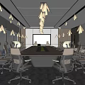Modern Conference Room Interior With Long Table Comfortable Chairs And Pendant Lights