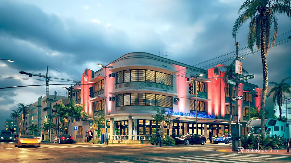 Art Deco Building Exterior With Curved Facade Large Windows Hotel Sign Palm Trees And Street Cars 3d model 
