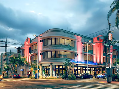 Art Deco Building Exterior With Curved Facade Large Windows Hotel Sign Palm Trees And Street Cars 3d model